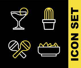 Set line Cactus or succulent in pot, Nachos bowl, Maracas and Margarita cocktail icon. Vector