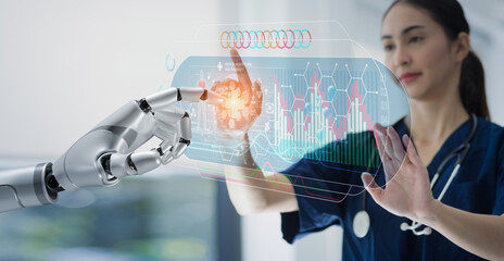 Medicine doctor and robot hand touching on digital modern virtual screen interface icons, Medical...