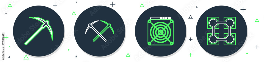 Poster set line crossed pickaxe, asic miner, pickaxe and blockchain technology icon. vector