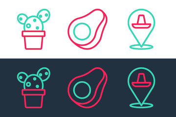 Set line Mexican sombrero, Cactus or succulent in pot and Avocado fruit icon. Vector