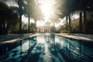 desrtscape with mirage of a swimming pool, surrounded by palm trees and sun shining down, created with generative ai