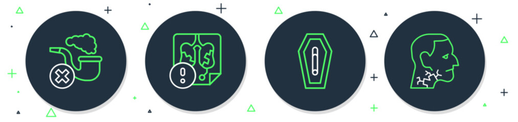 Set line Disease lungs, Death from smoking, Smoking pipe with smoke and Throat cancer icon. Vector