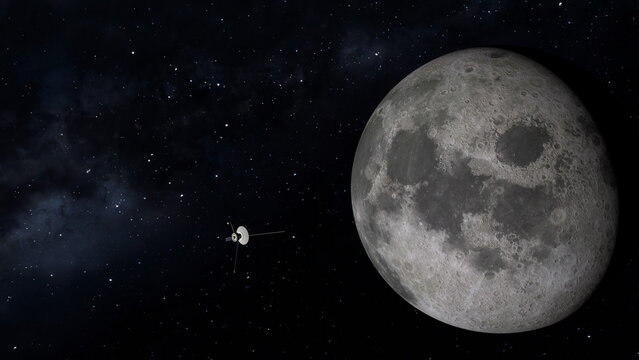 Space probe flying near the moon. 3D render.