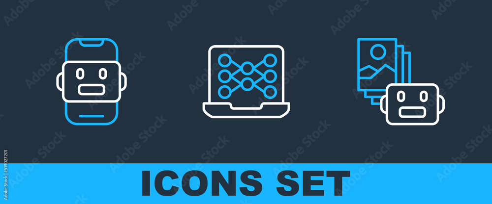 Aufkleber set line artificial intelligence robot, chat and neural network icon. vector
