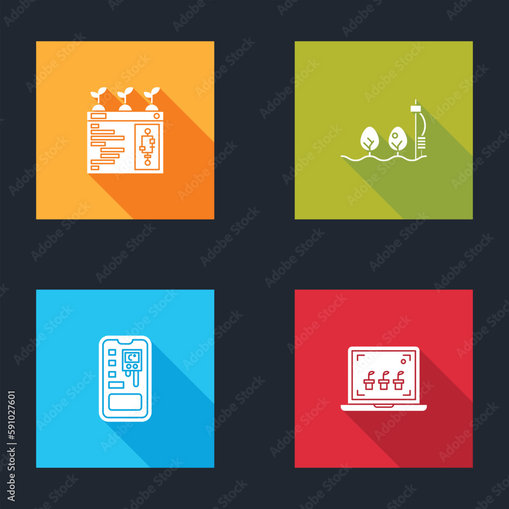 Poster set smart farming technology, standalone sensor and plant, control system and icon. vector