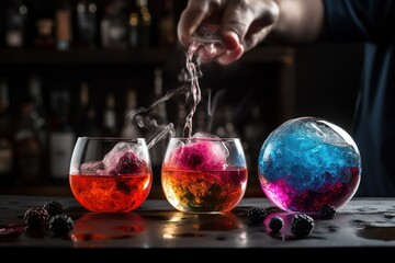 Molecular mixology presentation, capturing an innovative, experimental cocktail with unique ingredients. Generative AI.