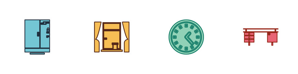 Set Shower cabin, Window with curtains, Clock and Office desk icon. Vector