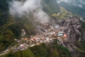 helicopter view of landslide disaster zone, with rescue and cleanup efforts underway, created with generative ai