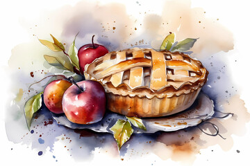 Watercolor fresh apple pie. AI generation
