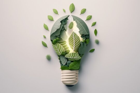 Paper cut of eco friendly light bulb with green leaves, Renewable and sustainable energy concept. Generative AI