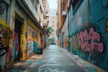 lofi city street with colorful graffiti, adding unique element to the photo, created with generative ai