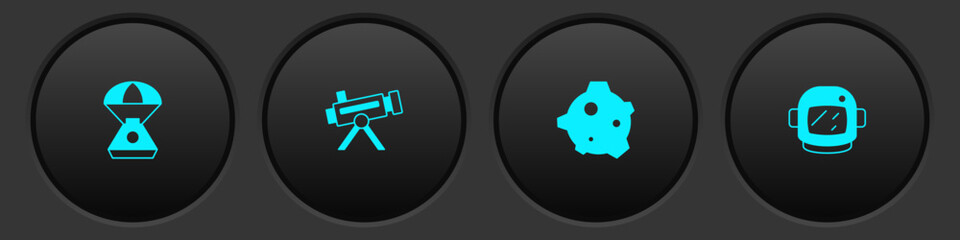 Set Space capsule, Telescope, Asteroid and Astronaut helmet icon. Vector