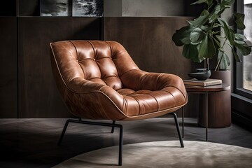 mid-century armchair with plush leather seating and distinctive metal legs, created with generative ai