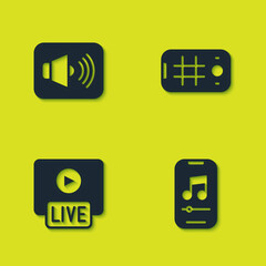 Set Speaker volume, Music player, Live stream and Selfie on mobile icon. Vector