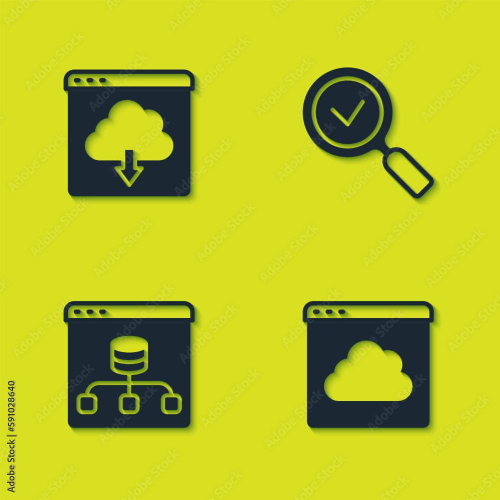 Sticker Set Cloud download, technology data transfer, Server, Data and Magnifying glass with check mark icon. Vector