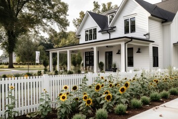 modern farmhouse house exterior with sunflowers and picket fence, created with generative ai