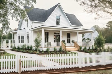 modern farmhouse with wrap-around porch, picket fence and garden, created with generative ai