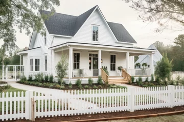 Foto op Canvas modern farmhouse with wrap-around porch, picket fence and garden, created with generative ai © Natalia