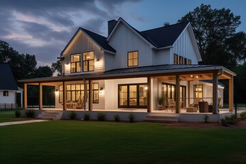 modern farmhouse with wraparound porch and lanterns at night, created with generative ai