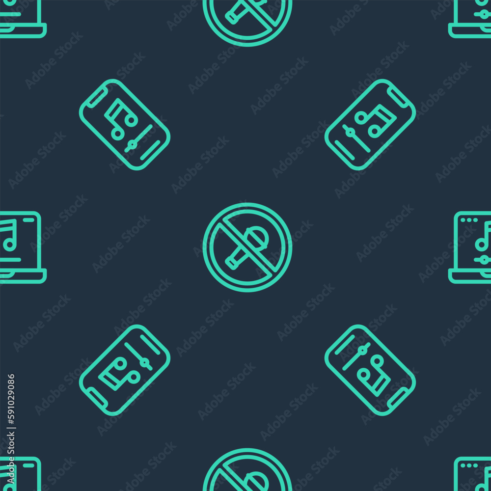 Poster set line mute microphone, music player and laptop with music on seamless pattern. vector