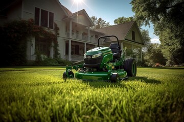 Lawn Mower Cutting Grass in Backyard, Generated by AI - obrazy, fototapety, plakaty