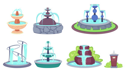 Fountains with splashing drops vector illustrations set. Collection of drawings of geyser waterfalls, drinking fountain for park isolated on white background. Architecture, decoration concept