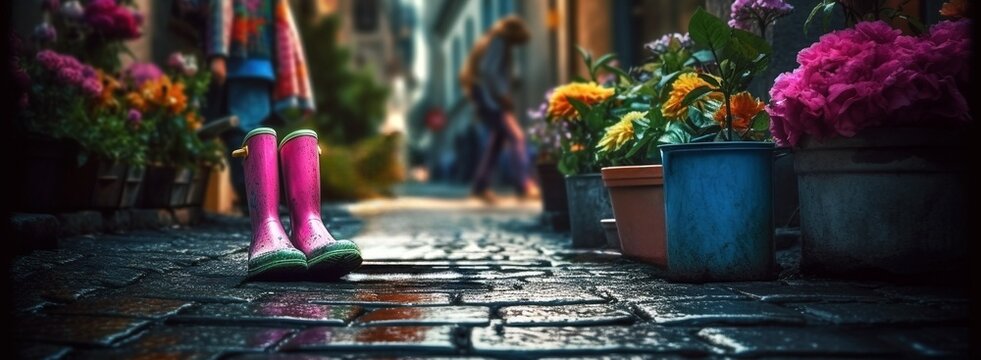 Pink Rain Boots and Flower Pots on an Icy Street, Blurred Street Scene with Vibrant Flowers