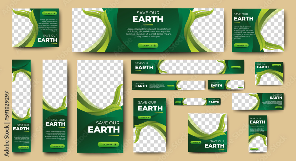 Aufkleber green banner design web template set, horizontal header web banner. modern gradient green cover head
