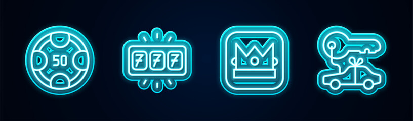 Set line Casino chips, Slot machine with jackpot, King playing card and Car gift. Glowing neon icon. Vector