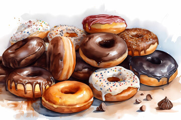 Watercolor donuts. AI generation