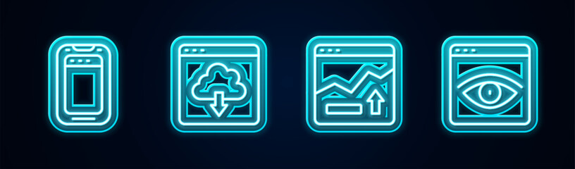 Set line Mobile phone, Cloud download, Financial growth increase and Browser incognito window. Glowing neon icon. Vector