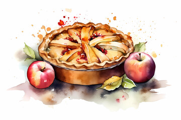 Watercolor fresh apple pie. AI generation