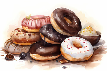 Watercolor donuts. AI generation