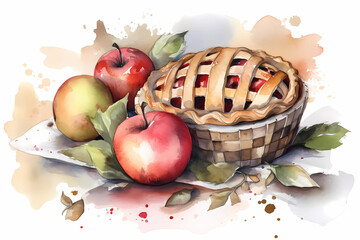 Watercolor fresh apple pie. AI generation