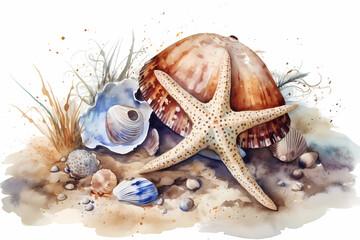 Starfish and shells on the beach. Watercolor. AI generation