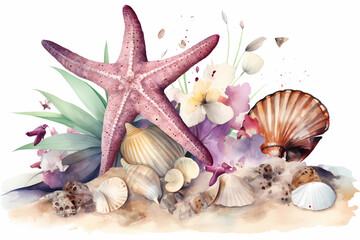 Fototapeta na wymiar Starfish and shells on the beach. Watercolor. AI generation