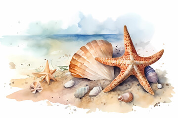 Starfish and shells on the beach. Watercolor. AI generation