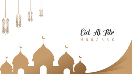Islamic theme design template for Eid Al-Fitr celebration with minimalist and clear clean mosque and lantern decoration