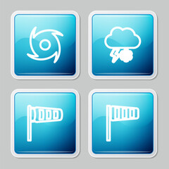Set line Tornado, Cloud with snow and lightning, Cone meteorology windsock wind vane and icon. Vector