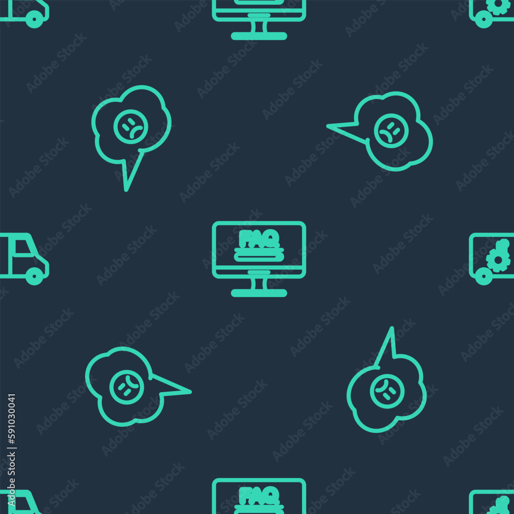 Poster set line monitor with faq information, speech bubble sad smile and car service on seamless pattern. 