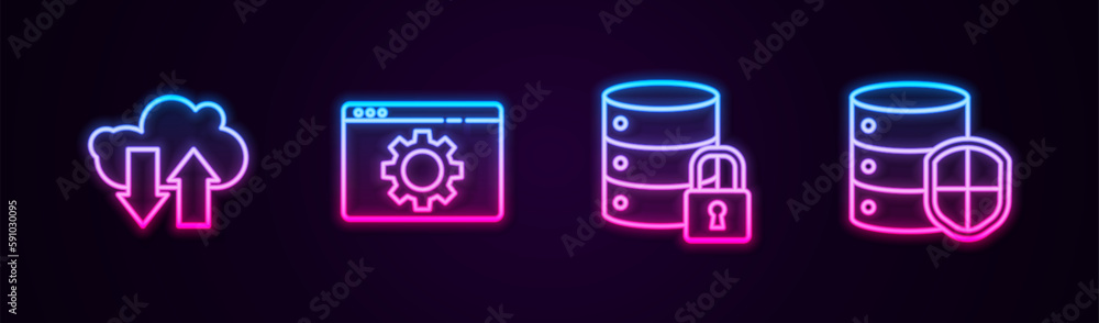 Poster set line cloud download and upload, browser setting, server security with lock and shield. glowing n