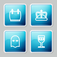 Fototapeta premium Set line Body armor, King crown, Executioner mask and Medieval goblet icon. Vector