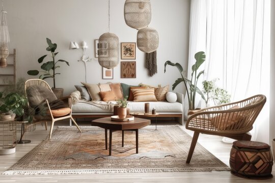 boho chic living room with retro vibe, scandinavian furniture & muted colors, created with generative ai