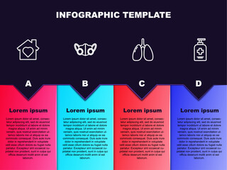Set line House with heart inside, Medical protective mask, Lungs and Liquid antibacterial soap. Business infographic template. Vector