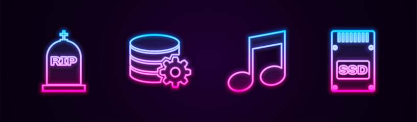 Set line Tombstone with RIP written, Setting database server, Music note, and SSD card. Glowing neon icon. Vector