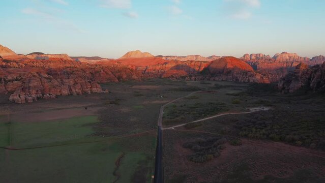 Asphalt Road On The Deserts Near Zion NAtional Park Lambs Knoll In Utah, USA. Aerial Shot