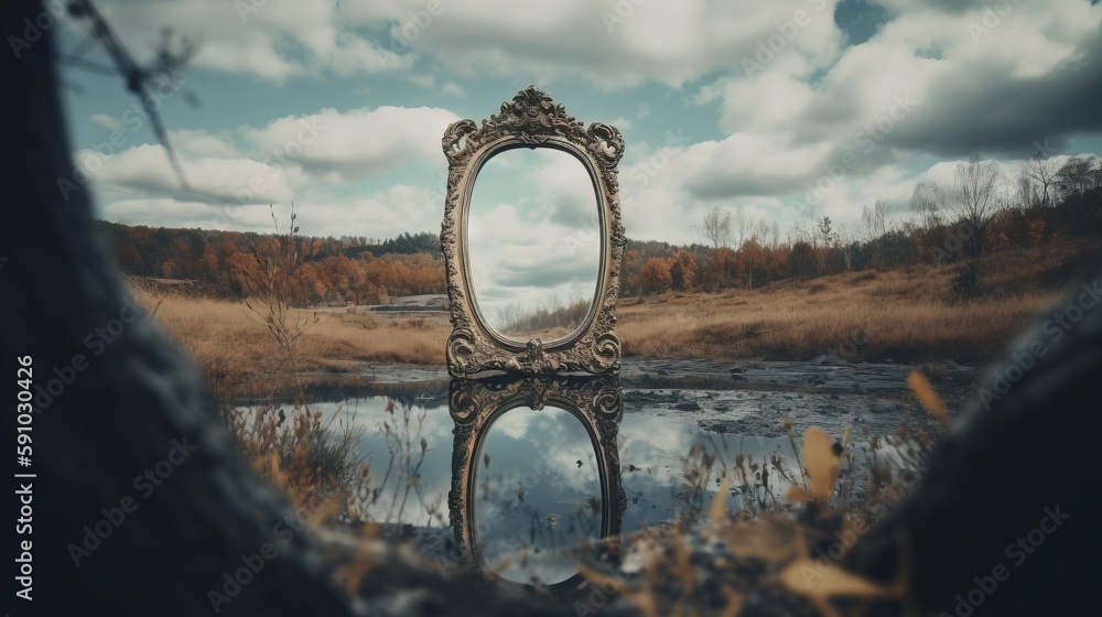 Poster a mirror sitting in the middle of a puddle of water, surrounded by trees and a cloudy sky the reflec