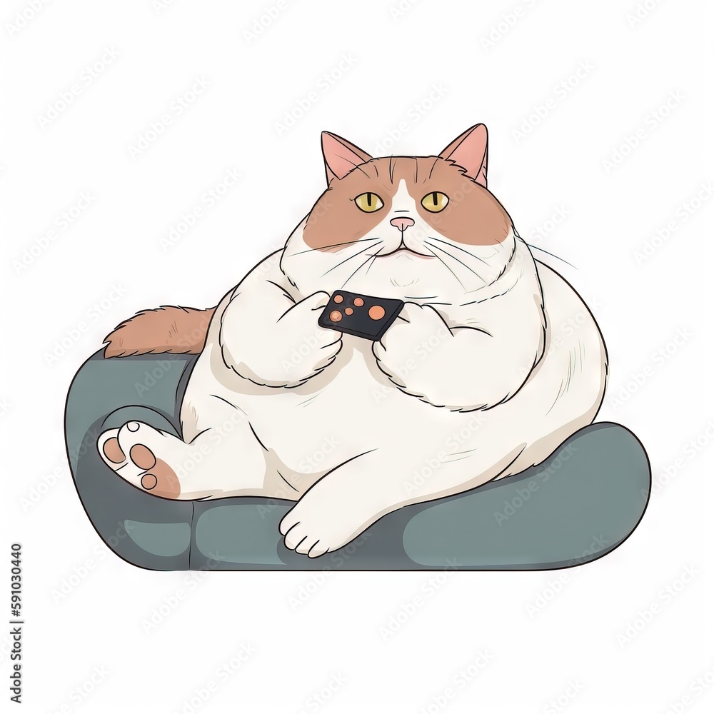 Poster a cat sitting on a pillow with a remote in it's paws and looking at the camera with a sad look on it