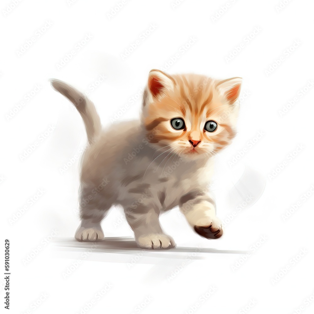 Poster a small kitten with blue eyes is running on a white background with a shadow of its head on the grou