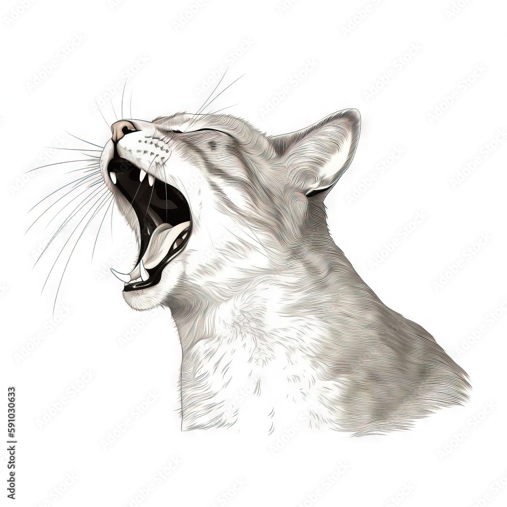 Poster a drawing of a cat with its mouth open and it's mouth wide open with it's mouth wide open and it's m